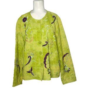 Mirasol Seersucker Embroidered Blazer Jacket L Chartreuse Green Tie Dye Artsy
